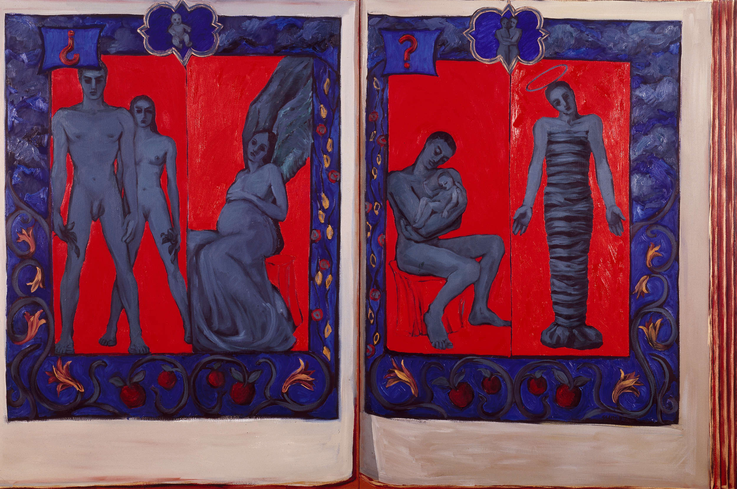 Defiant poses of Adam and Eve, reversed role (male figure with child instead of virgin, bound figure in an illuminated manuscript book format surrounded by small icons pregnant angel, a baby and a couple (woman and man) lilies and apples