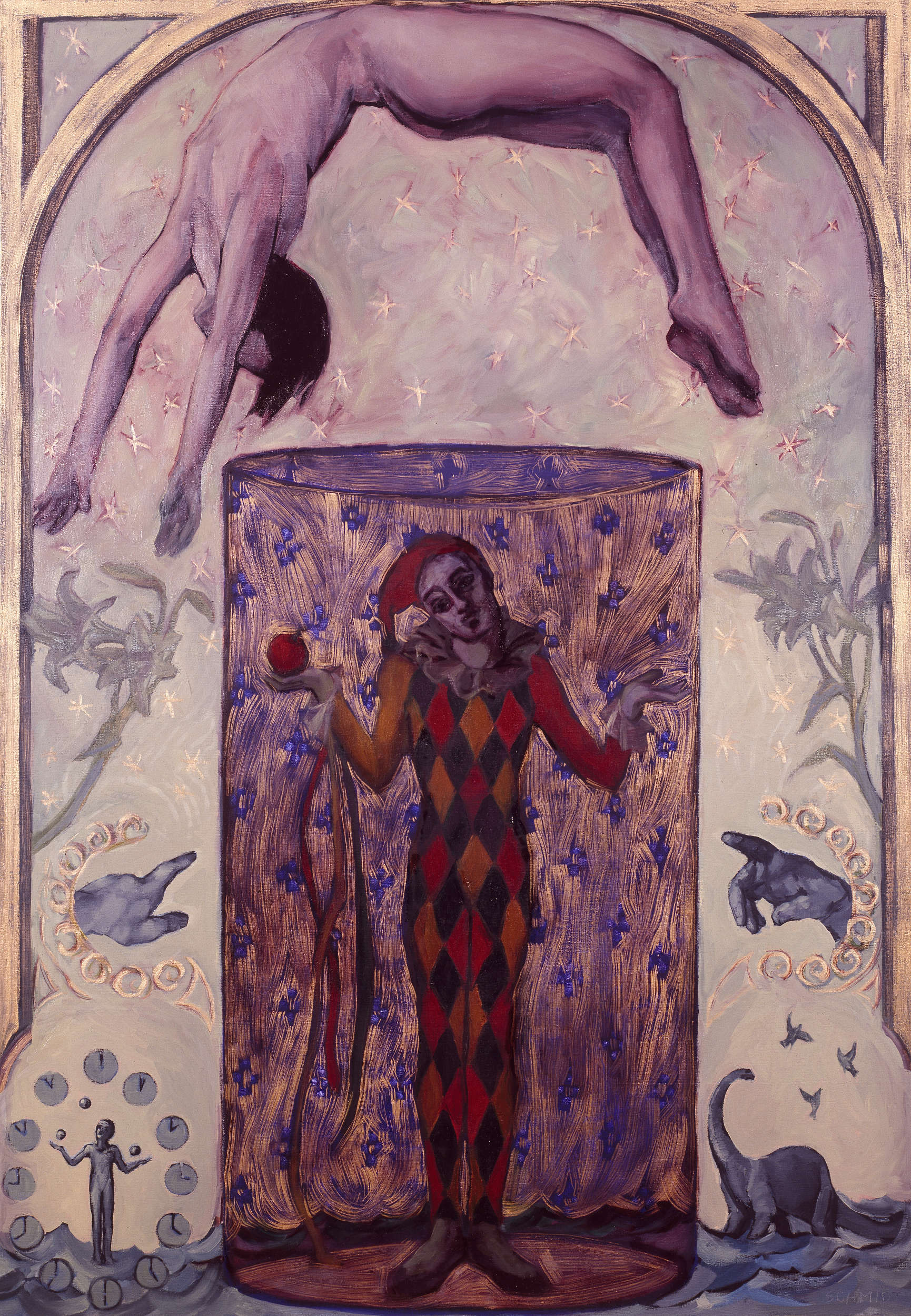 harlequin figure holding an apple inside a glass, lilies,dinosaur, floating figure, hands pointing