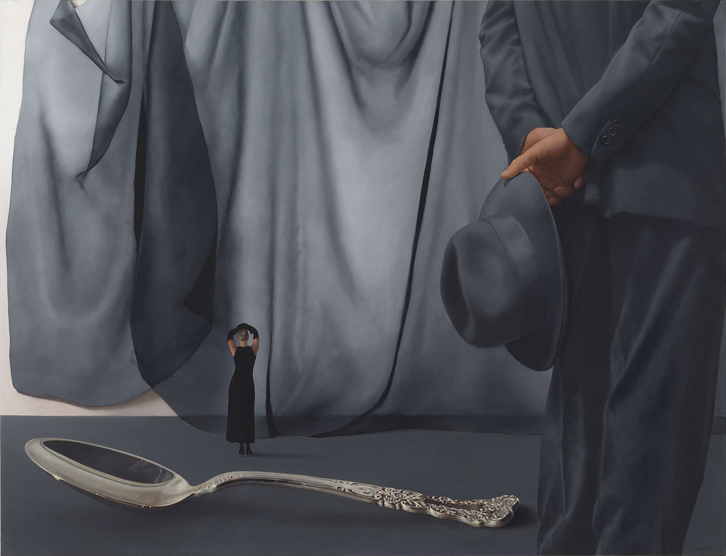 Male figure wearing suit (Patricio) and fedora hat, diminutive female figure black dress long black gloves, silver spoon, black transparent fabric behind