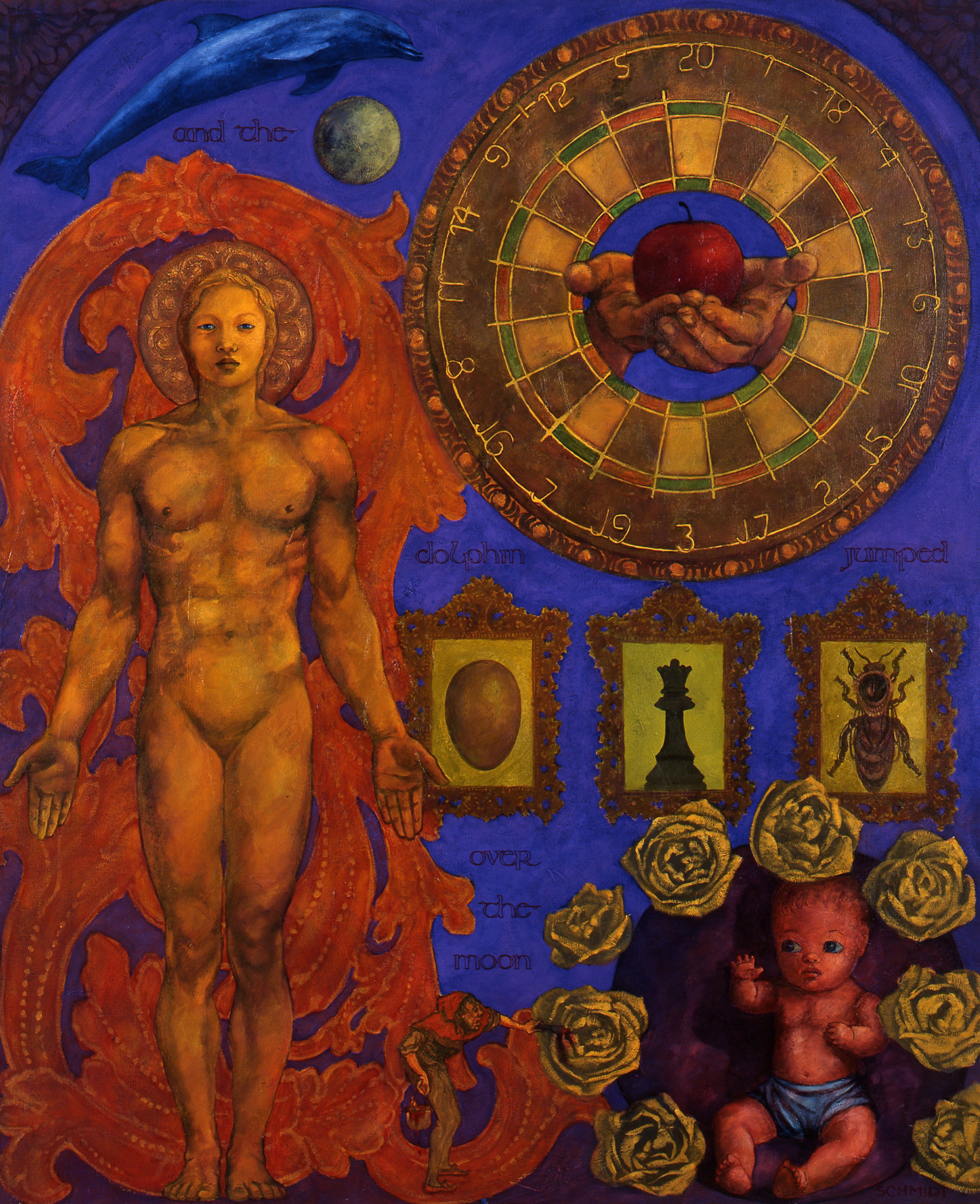 hermaphrodite angel, part asian, illuminated manuscript inspiration, target, dolphin, baby doll surrounded by roses, gold carved frames, golden egg, chess piece, queen bee, moon