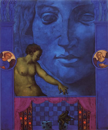 female figure, nude, based on Giorgione, giant face, (Michelangelo's virgin) puppeteer, theatre, gambling machine symbols, cherubs on columns, illuminated manuscript inspiration