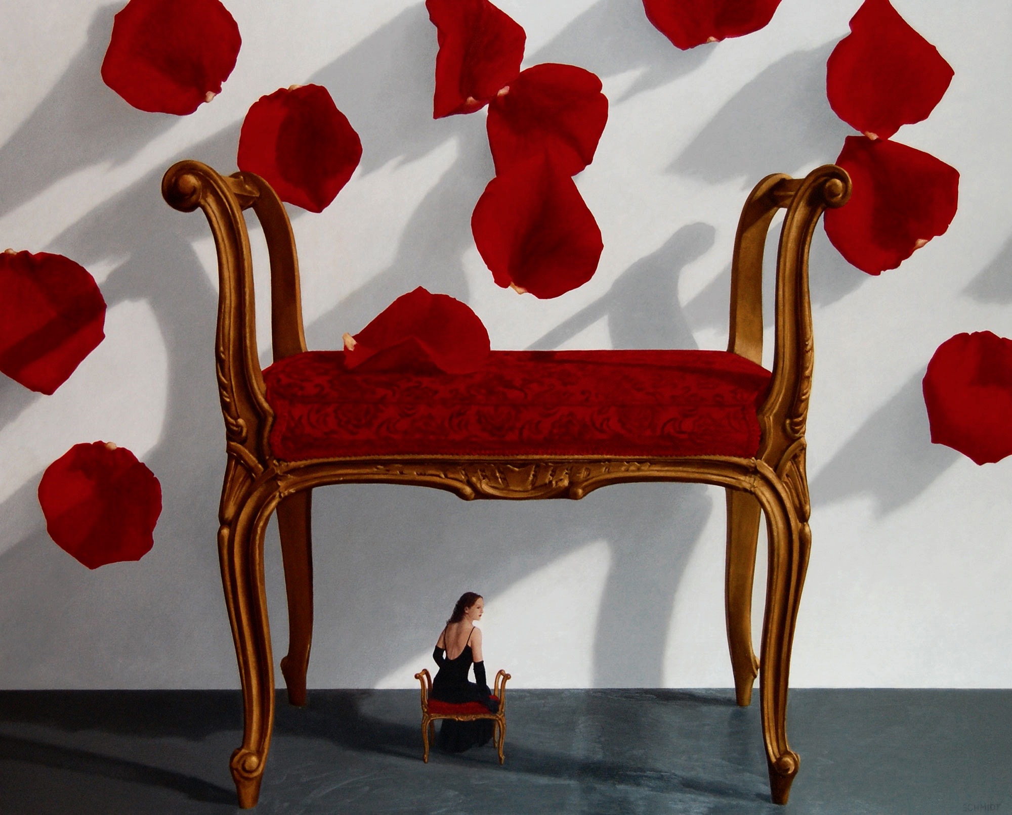 diminutive male figures wearing suits and fedora hats, standing, running, jumping, pointing, transparent black fabric in front of white wall (40 X 40 cm each)