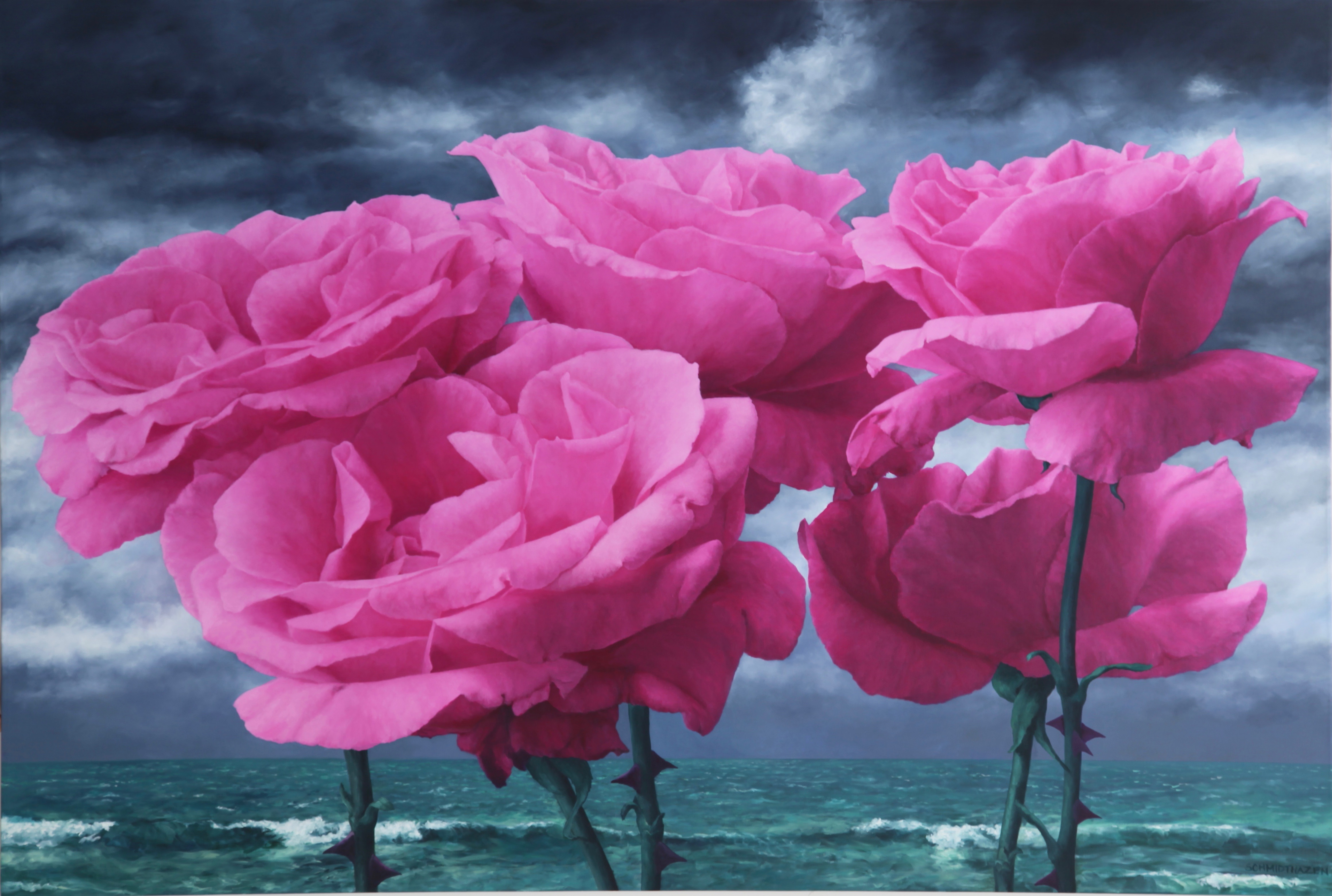 5 giant pink roses horizontal very stormy dark blue sky stormy acid green sea