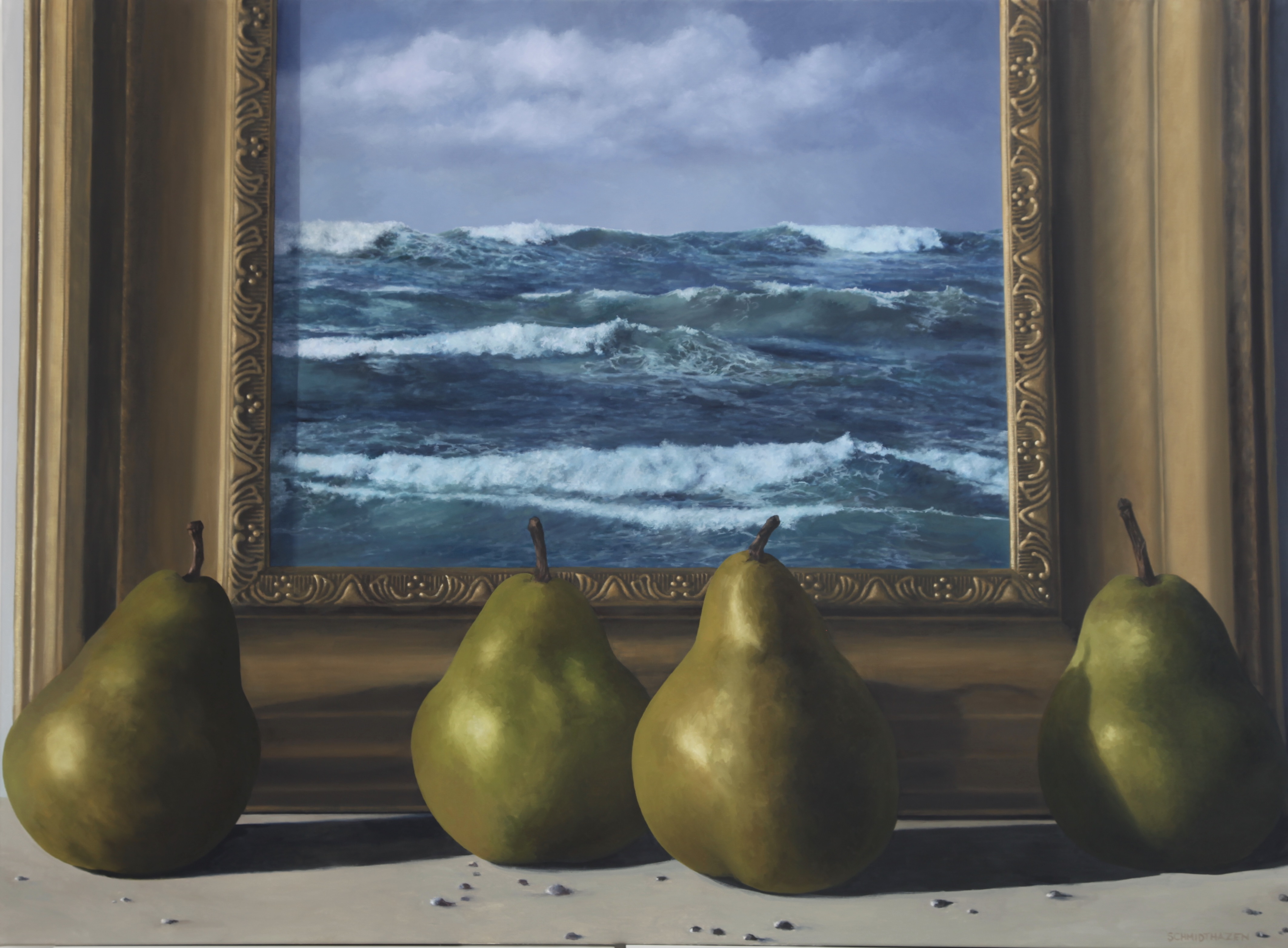 GOLD FRAME, 4 GREEN PEARS, OCEAN IN FRAME, PEBBLES ON BEACH