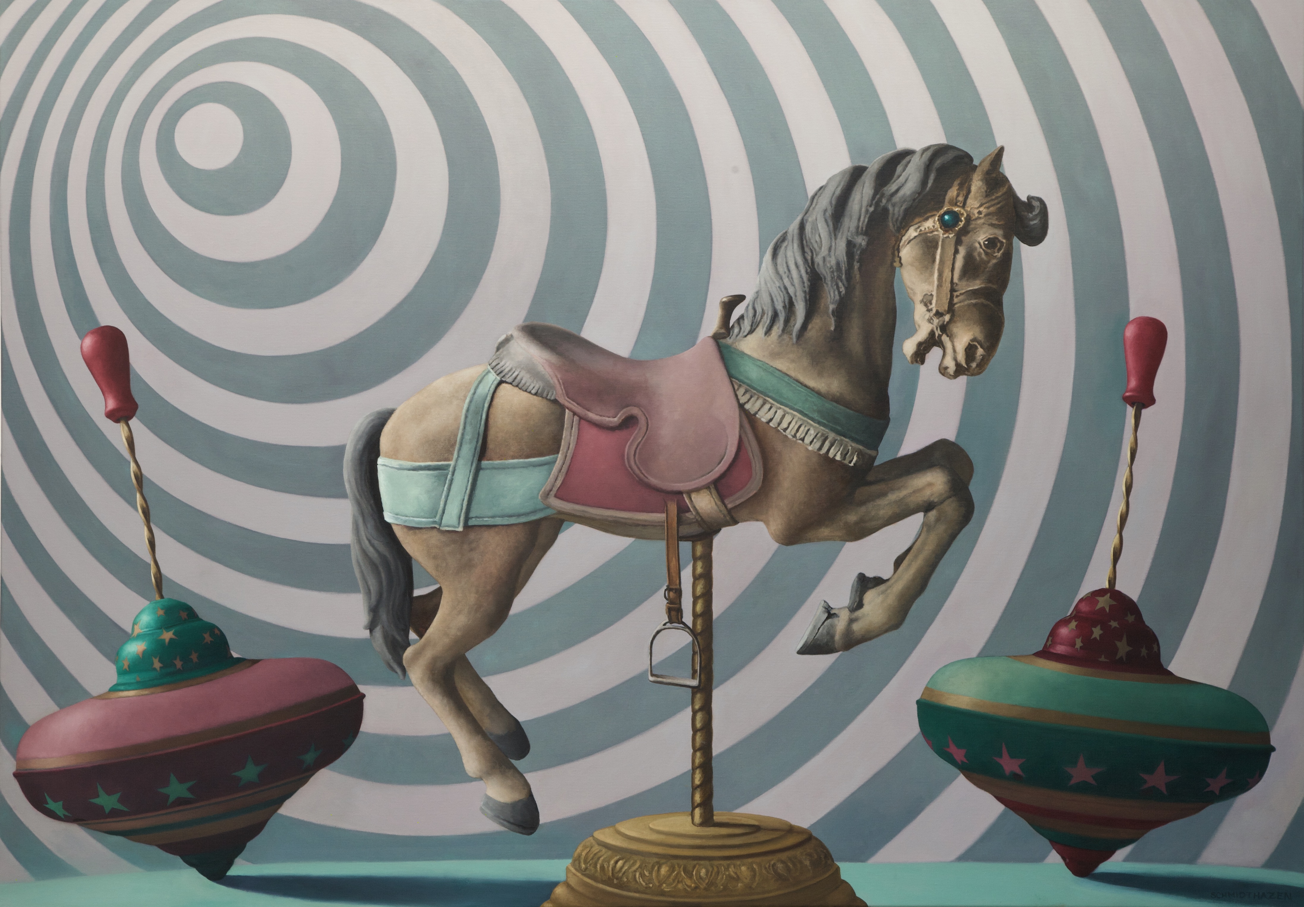 carousel horse with spiral behind, pink green and brown muted colors, 2 spinning tops about to fall