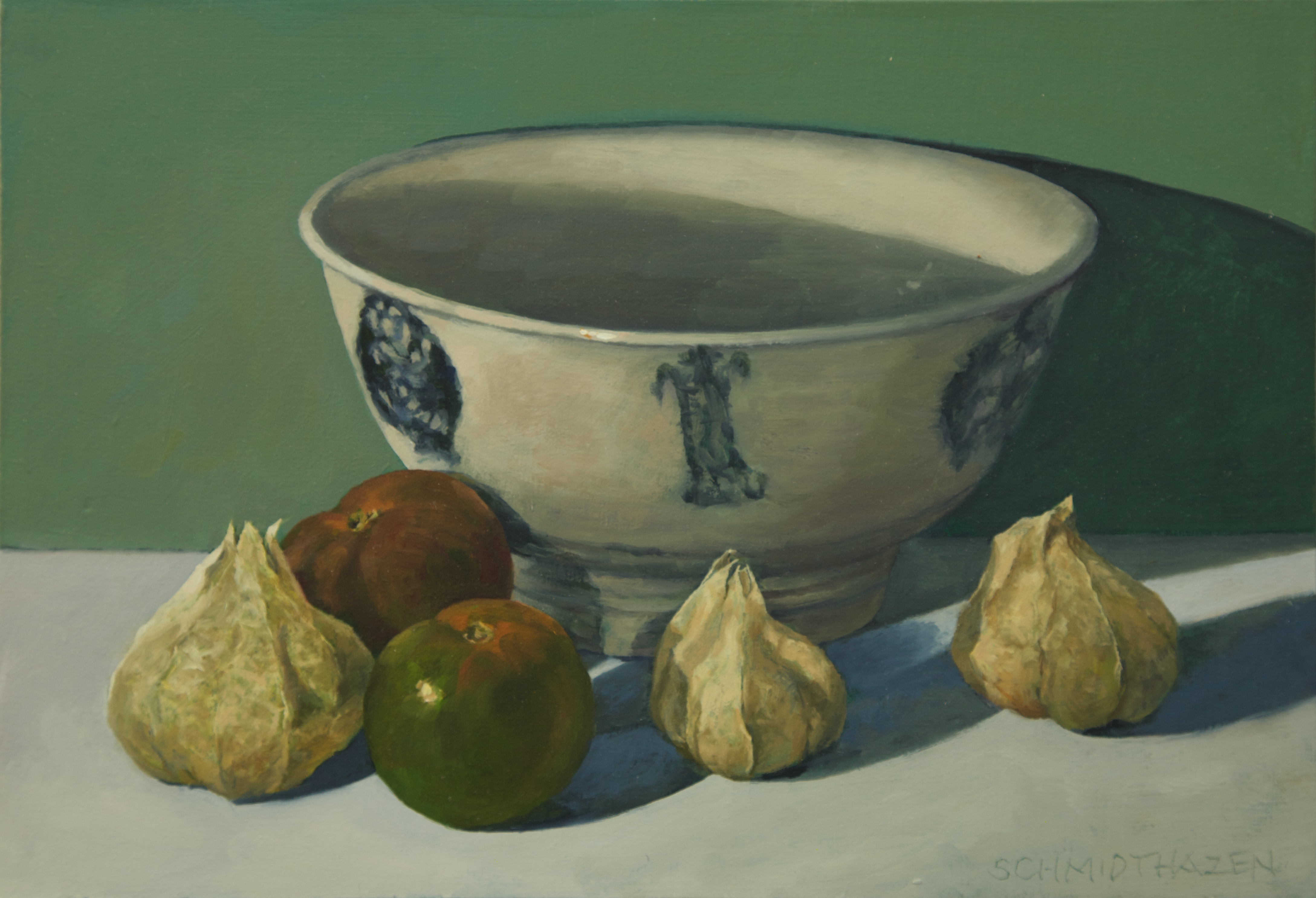 beige and  dark blue Bali bowl with tomatillos